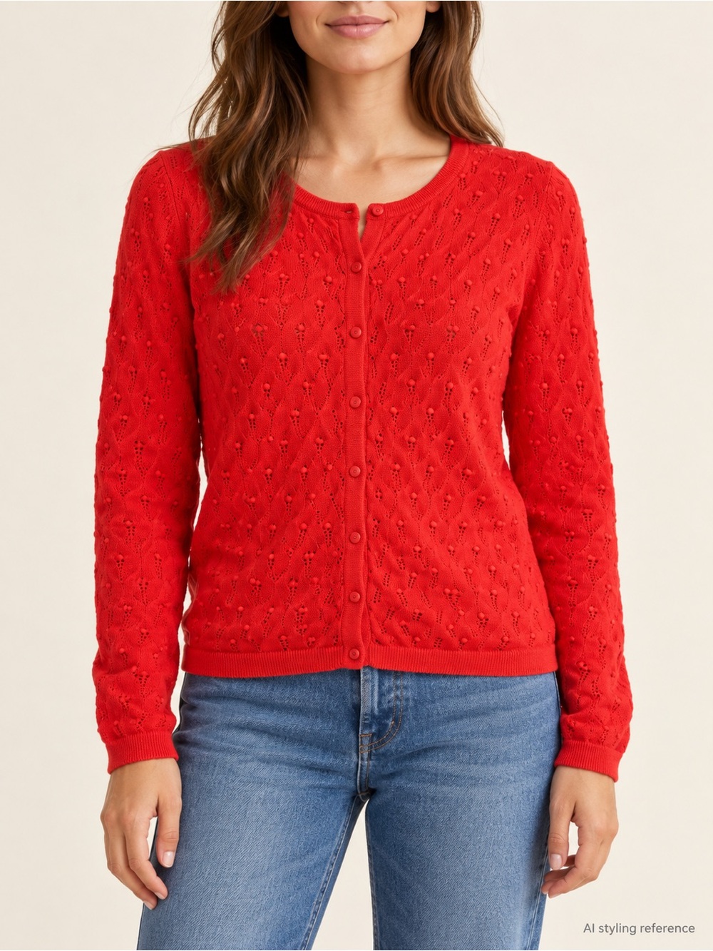 Sézane Red Organic Cotton Pointelle Bobble Knit Cardigan S Made in Italy